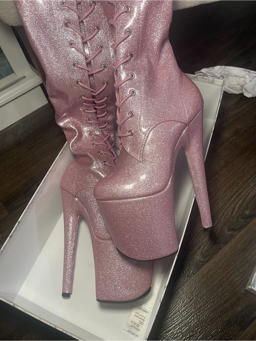 NEW Hella Heels Pink Glitter Thigh High Platform Boots Size 36 (US 6)
